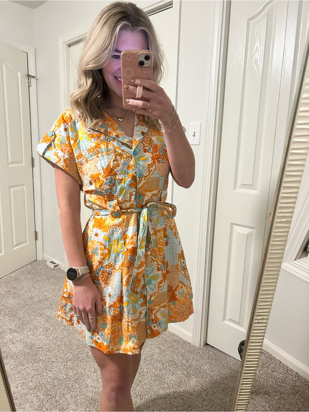 Short Sleeve Tie-Waist Mini Dress in Orange & Blue Floral